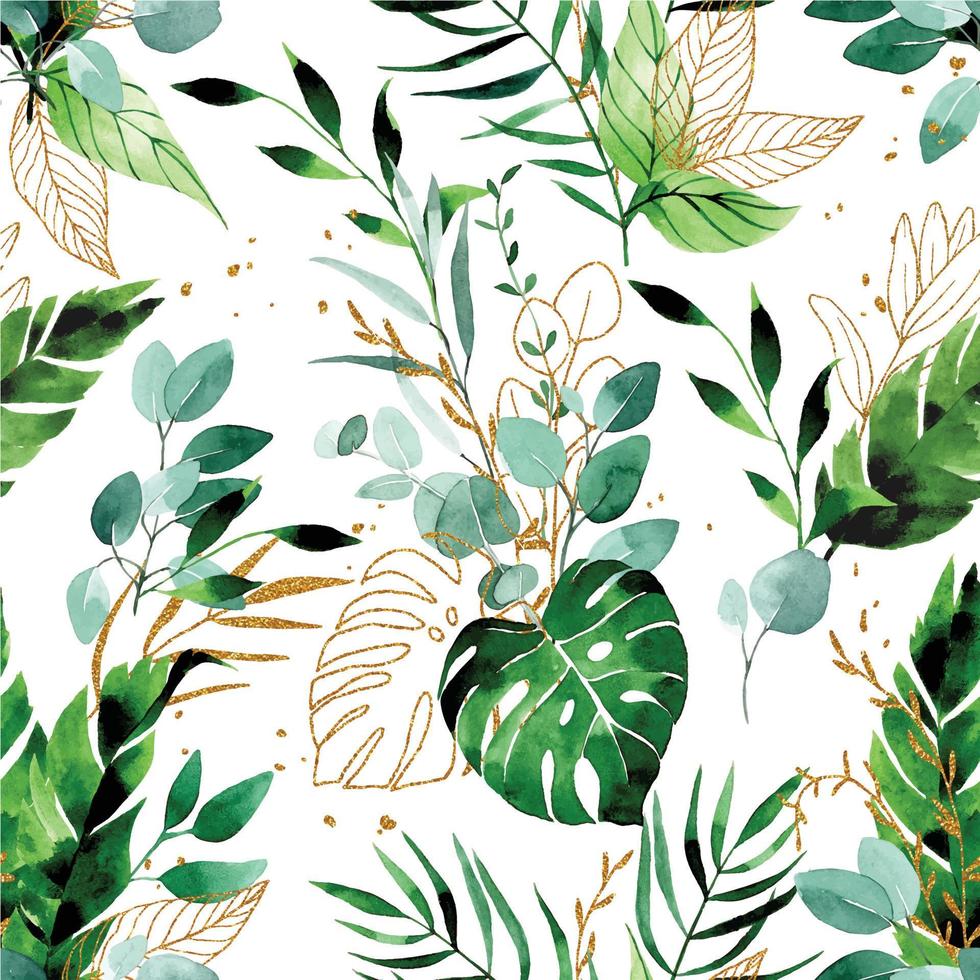watercolor drawing. seamless pattern with tropical leaves of palm, monstera, banana, eucalyptus. green and gold leaves. elegant print on white background vector
