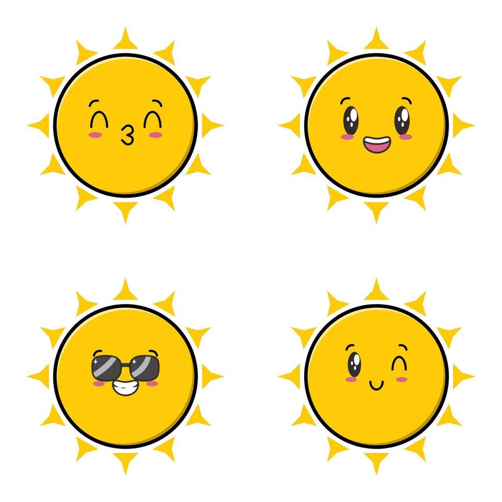 conjunto colección lindo sol emoticon dibujos animados icono ilustración diseño aislado plano dibujos animados estilo vector