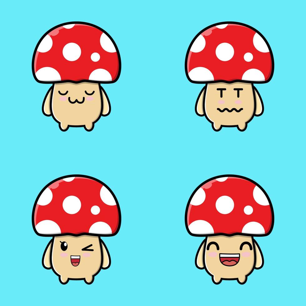 Set Cute mushroom icon face expression. mushroom vector icon on blue background cartoon icon illustration design isolated flat cartoon style