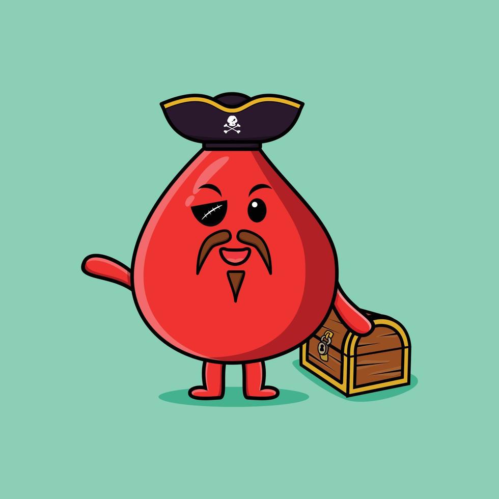 Pirata de gota de sangre de dibujos animados lindo con cofre del tesoro vector