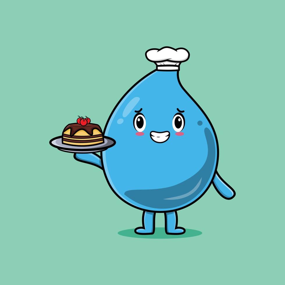 Cute Cartoon chef water drop serving cake on tray vector