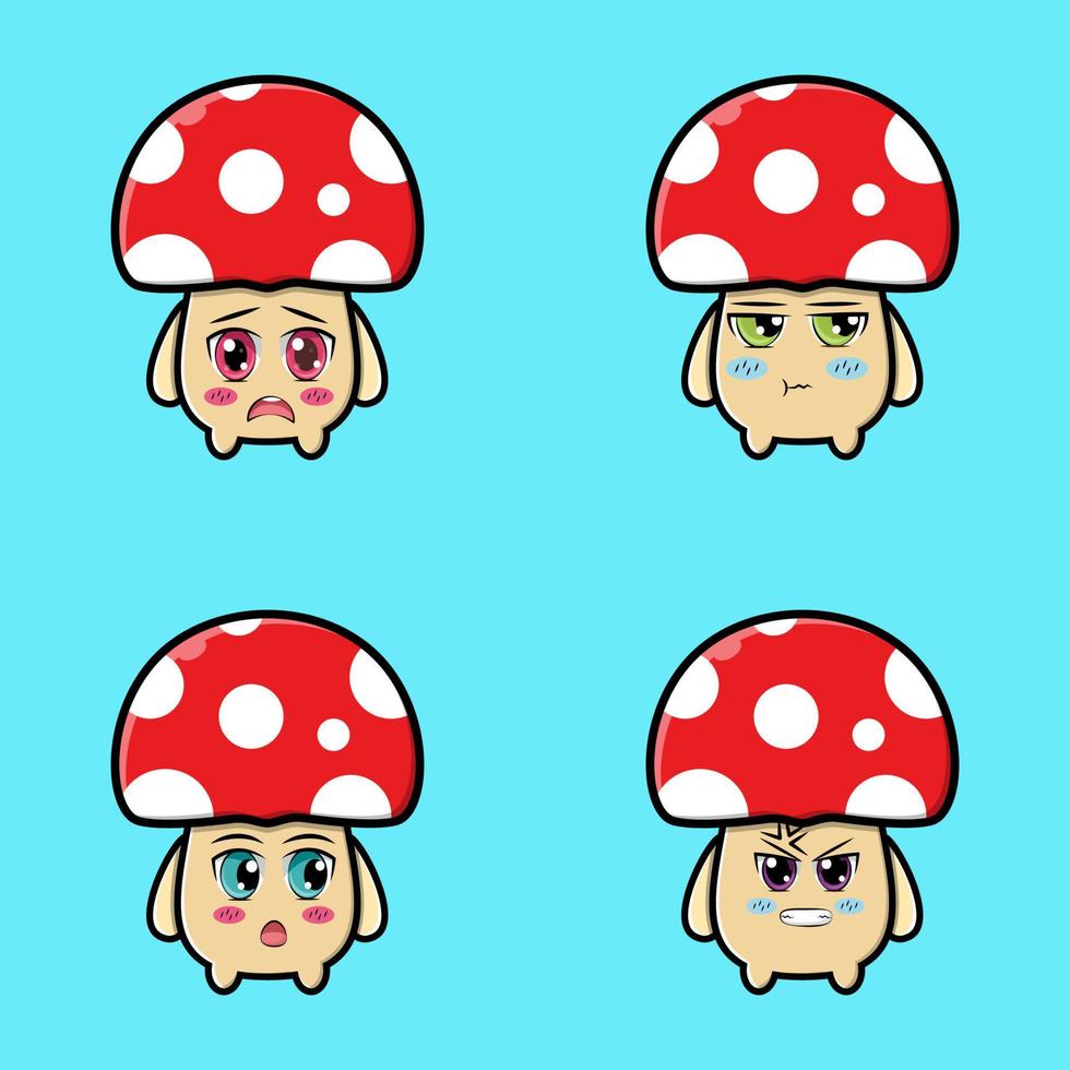 Set Cute mushroom icon face expression. mushroom vector icon on blue background cartoon icon illustration design isolated flat cartoon style
