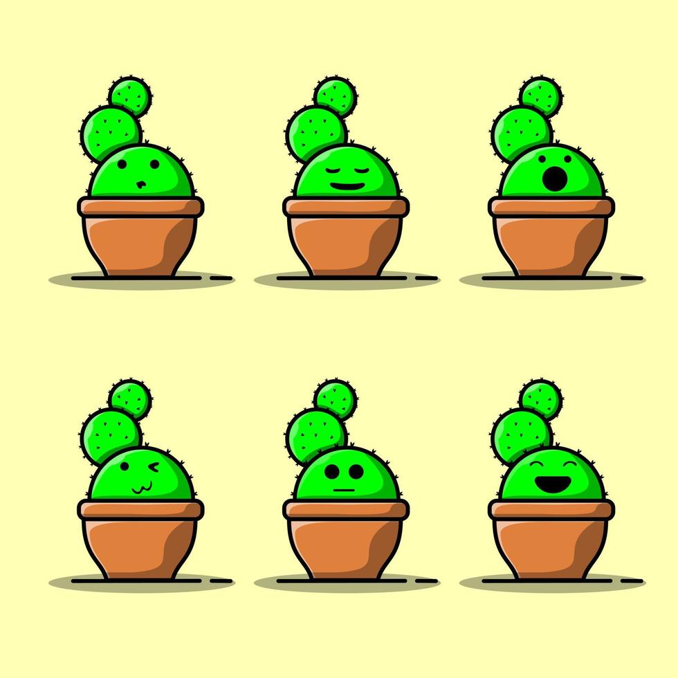 Set Vector cartoon illustrations of green cactus with emotions. Funny emotions character collection for kids. Fantasy characters.