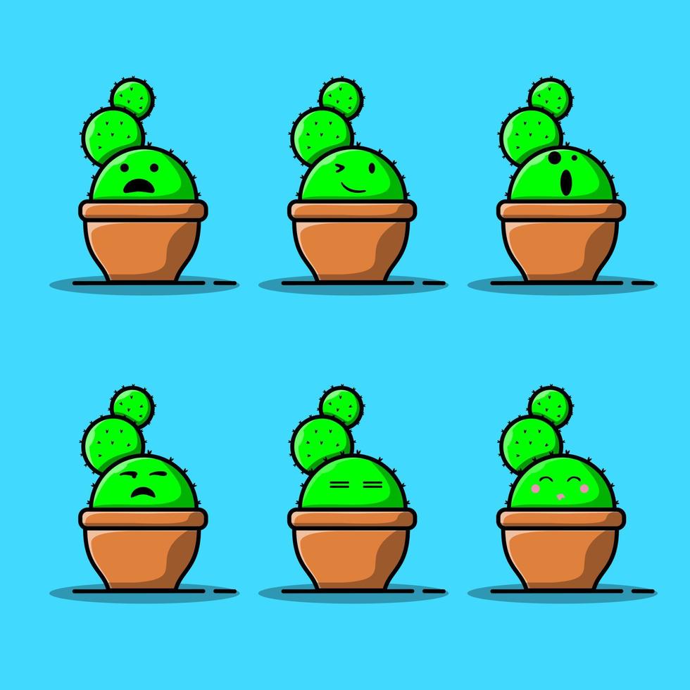 Set Vector cartoon illustrations of green cactus with emotions. Funny emotions character collection for kids. Fantasy characters.