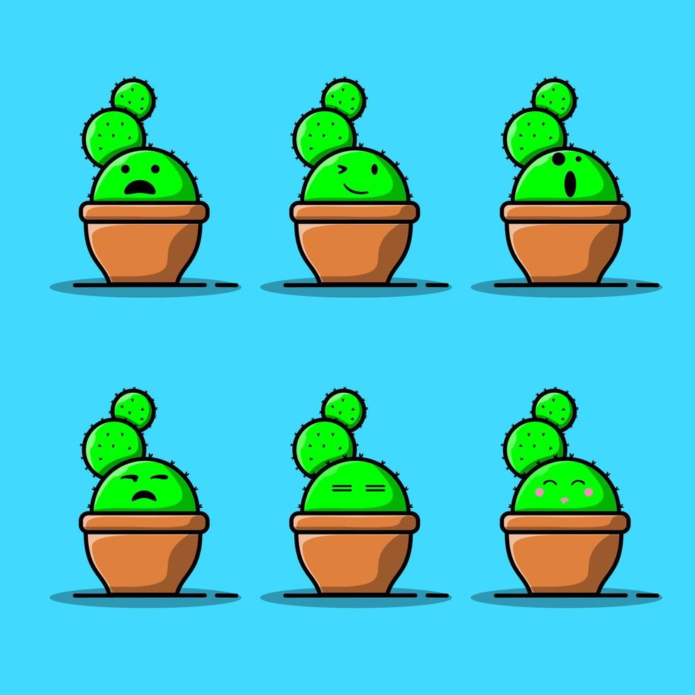 establecer ilustraciones de dibujos animados vectoriales de cactus verde con emociones. colección de personajes de emociones divertidas para niños. personajes de fantasia vector