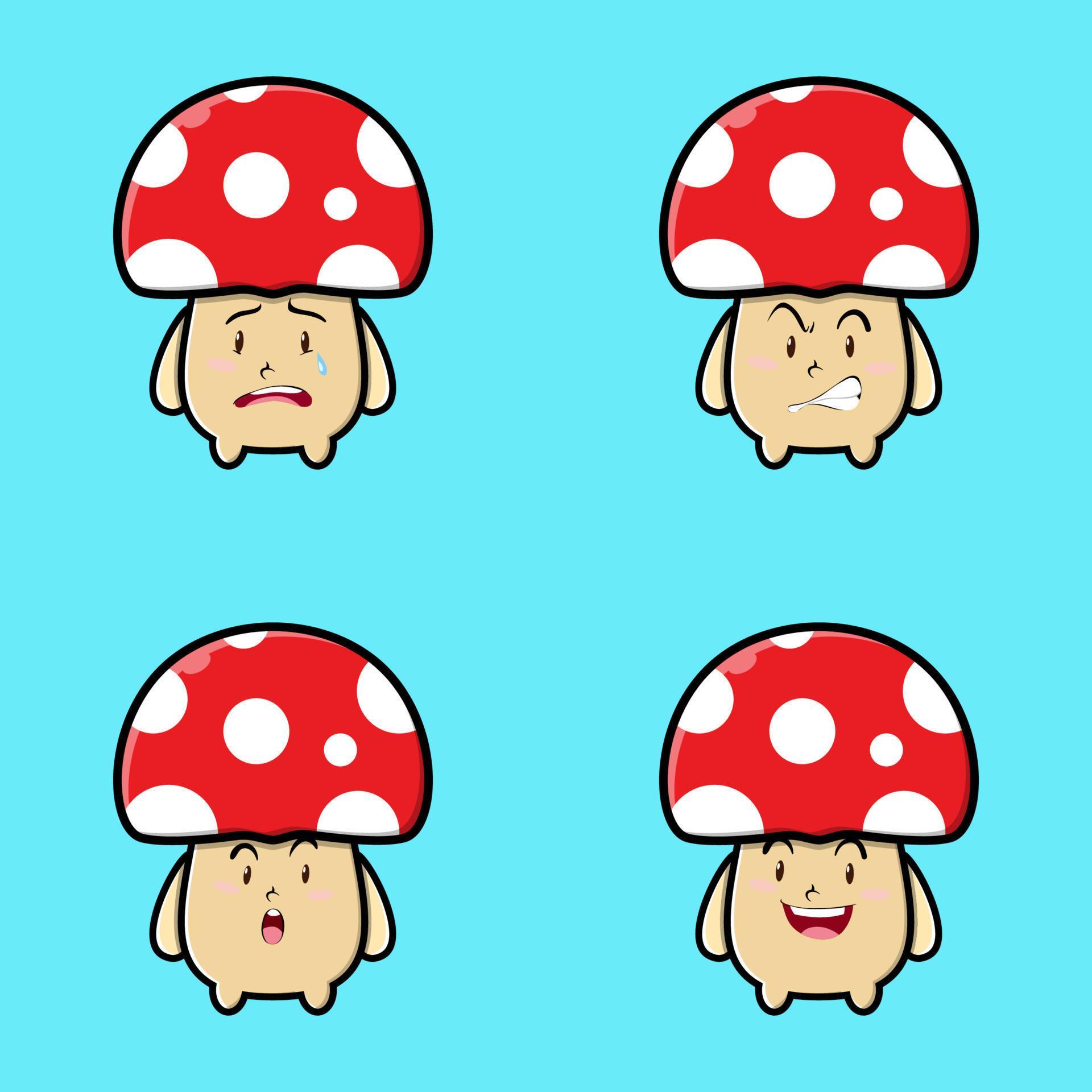 Set Cute mushroom icon face expression. mushroom vector icon on blue