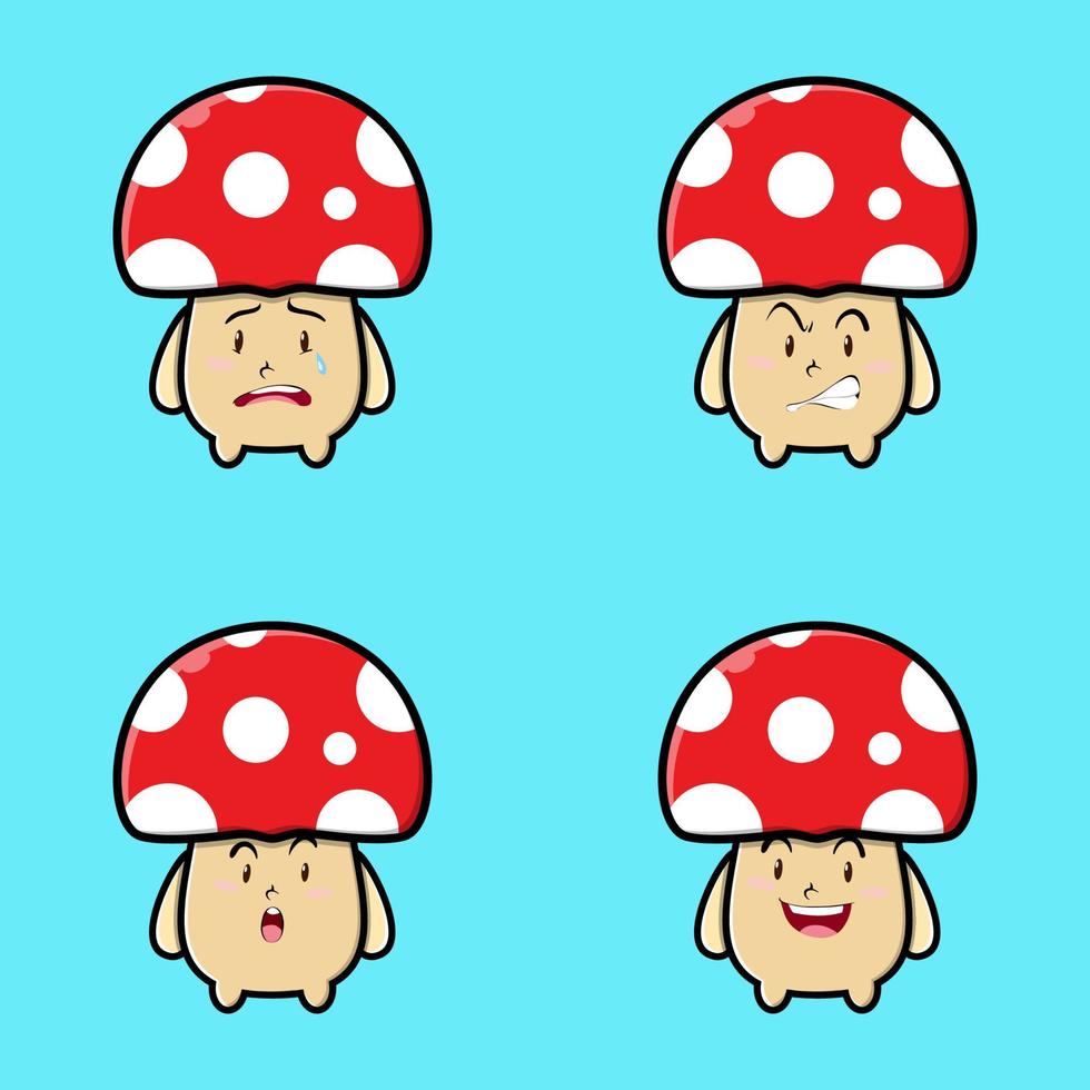 Set Cute mushroom icon face expression. mushroom vector icon on blue background cartoon icon illustration design isolated flat cartoon style
