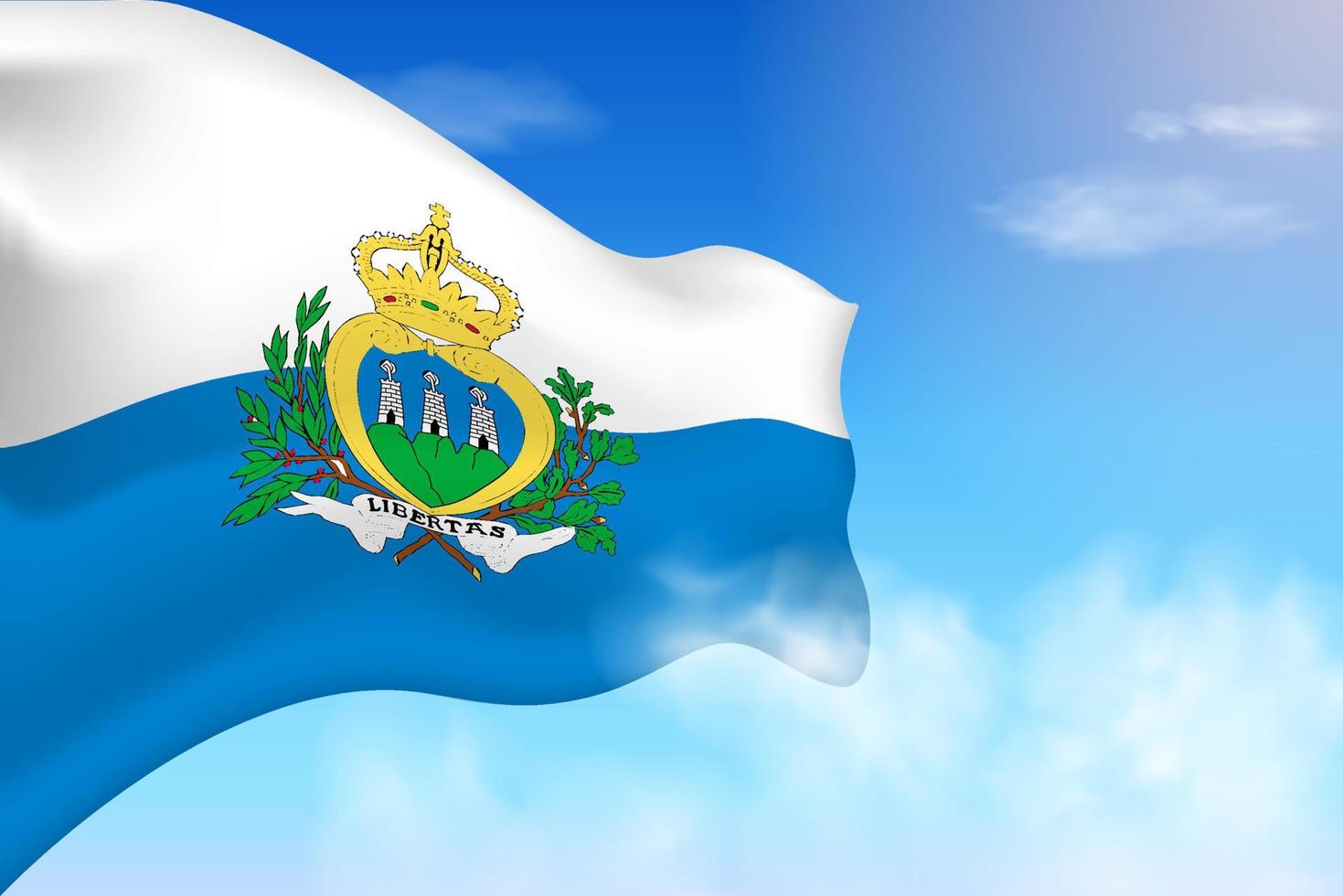 San Marino flag in the clouds. Vector flag waving in the sky. National day realistic flag illustration. Blue sky vector.