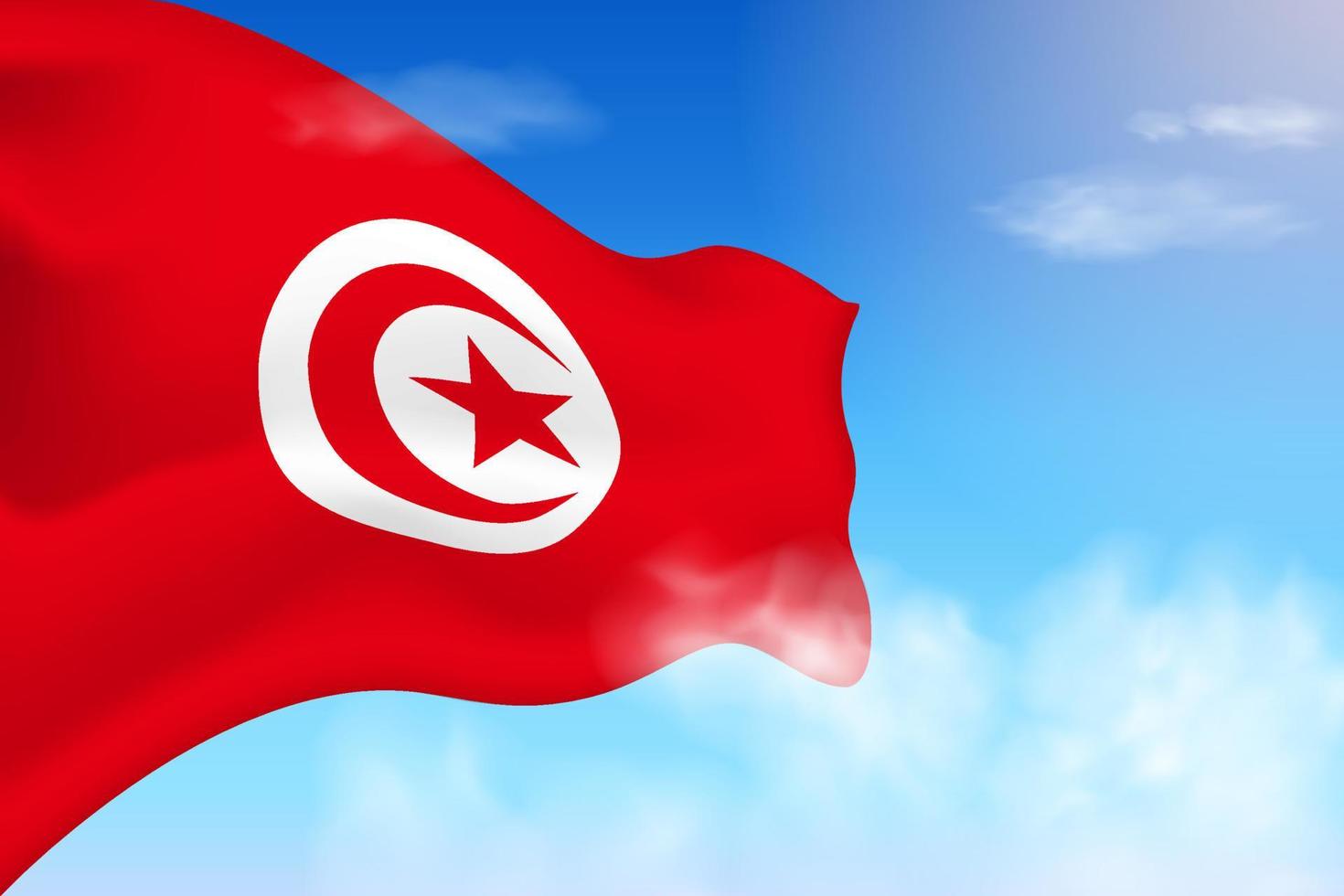 Tunisia flag in the clouds. Vector flag waving in the sky. National day realistic flag illustration. Blue sky vector.
