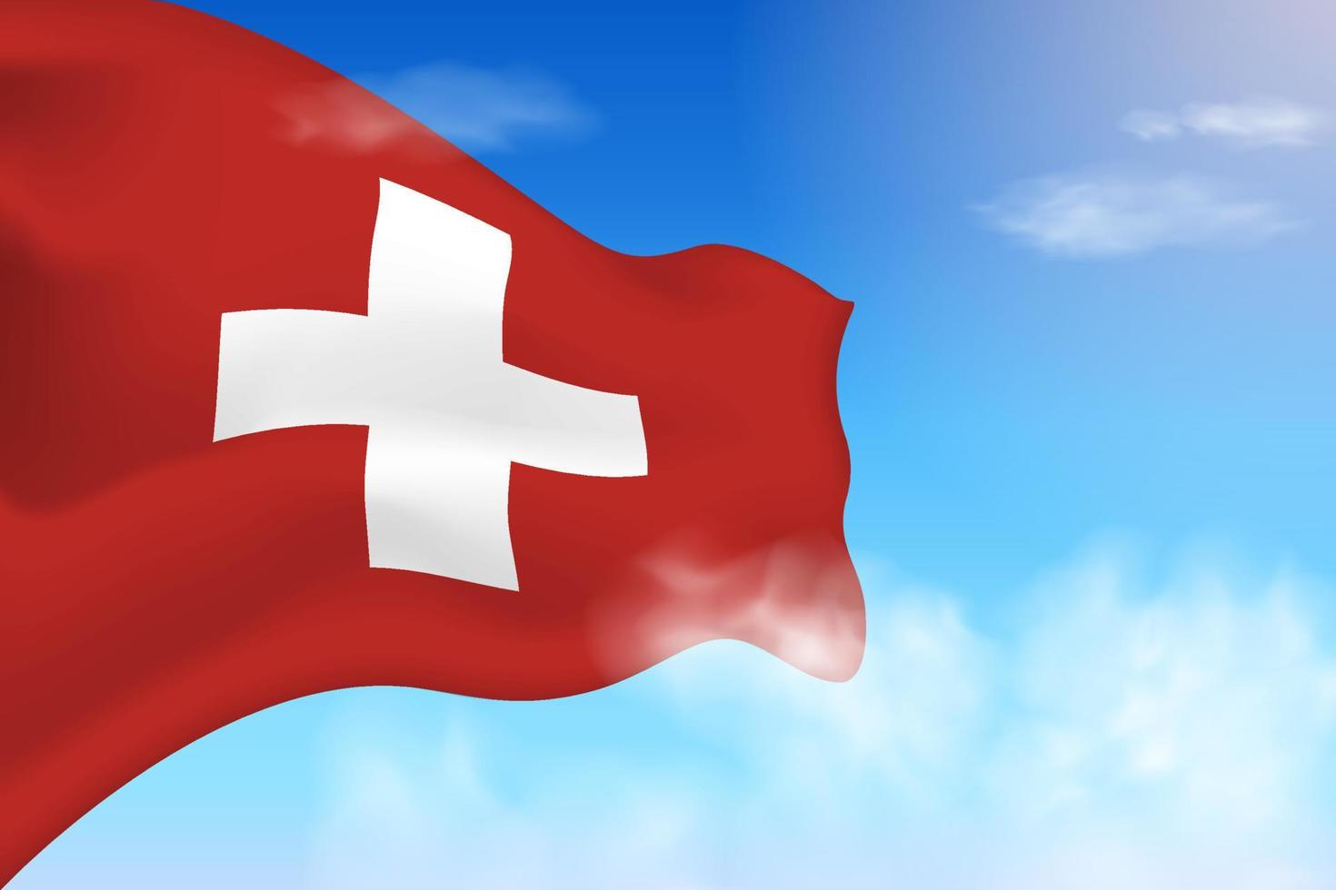 Switzerland flag in the clouds. Vector flag waving in the sky. National day realistic flag illustration. Blue sky vector.