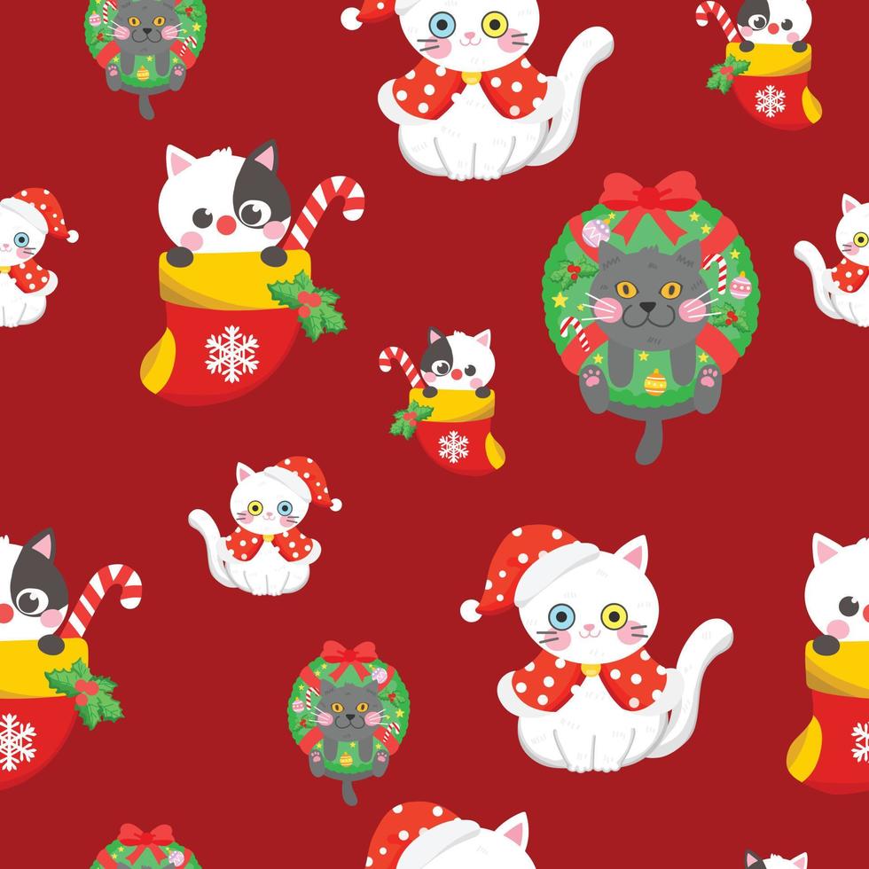 cute cat and kitty for Christmas day seamless pattern wallpaper background vector