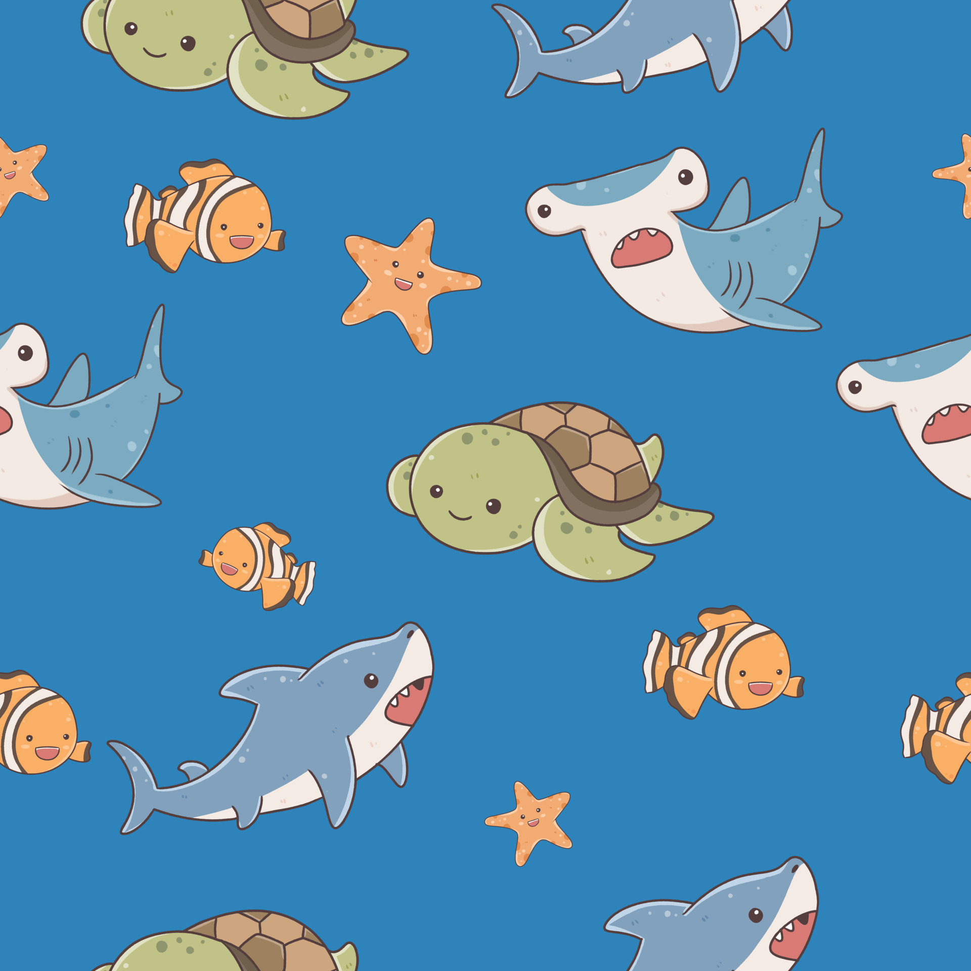 fish and wild marine animals seamless wallpaper on blue background