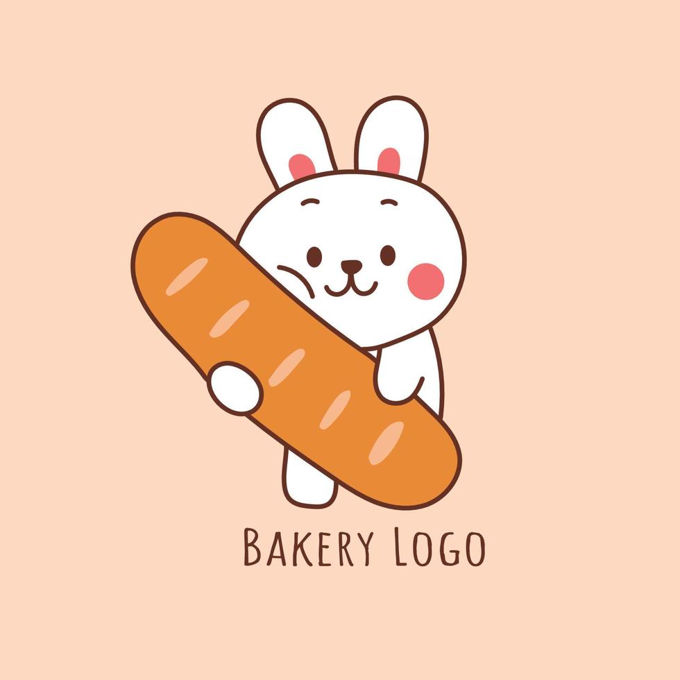 lindo conejo sosteniendo un pan para el logo de la panadería. vector