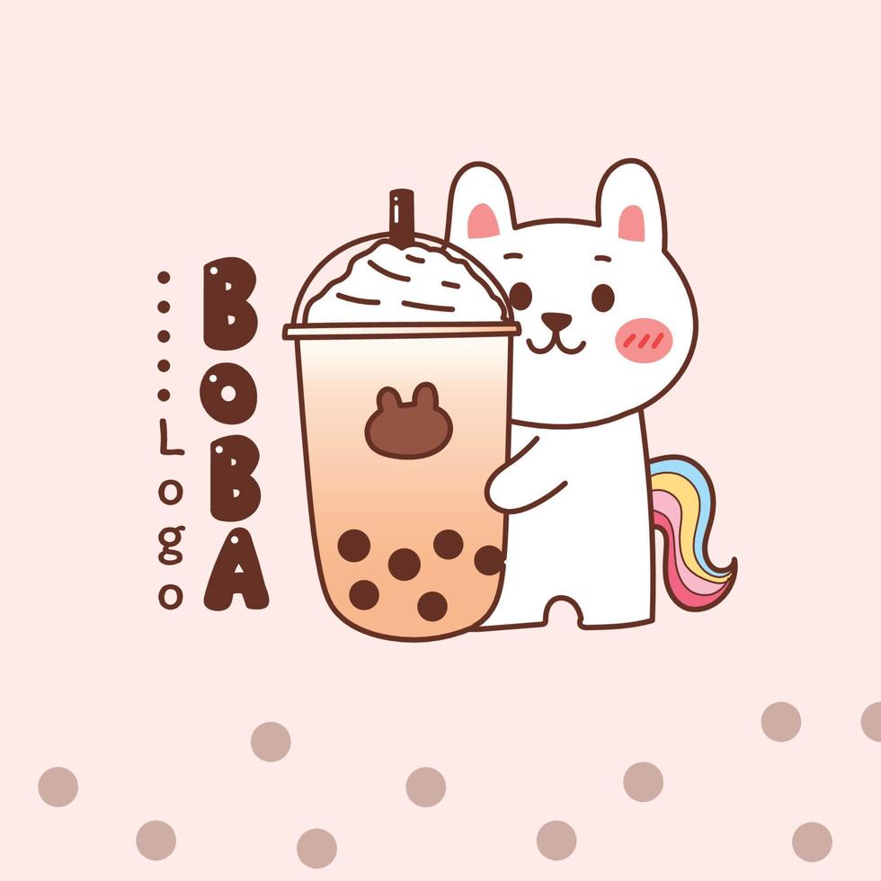 cute rabbit unicorn holding Boba milk tea. cartoon logo. vector