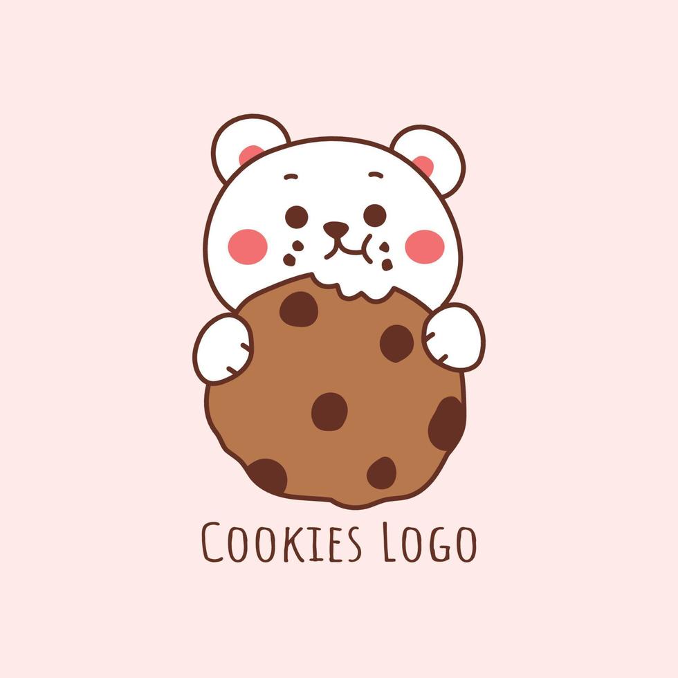 cute polar bear holding and eating cookie. logo cartoon vector