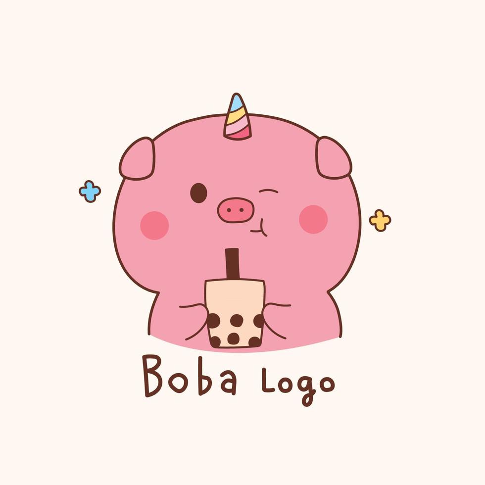 cute pig unicorn Boba milk tea logo cartoon. vector