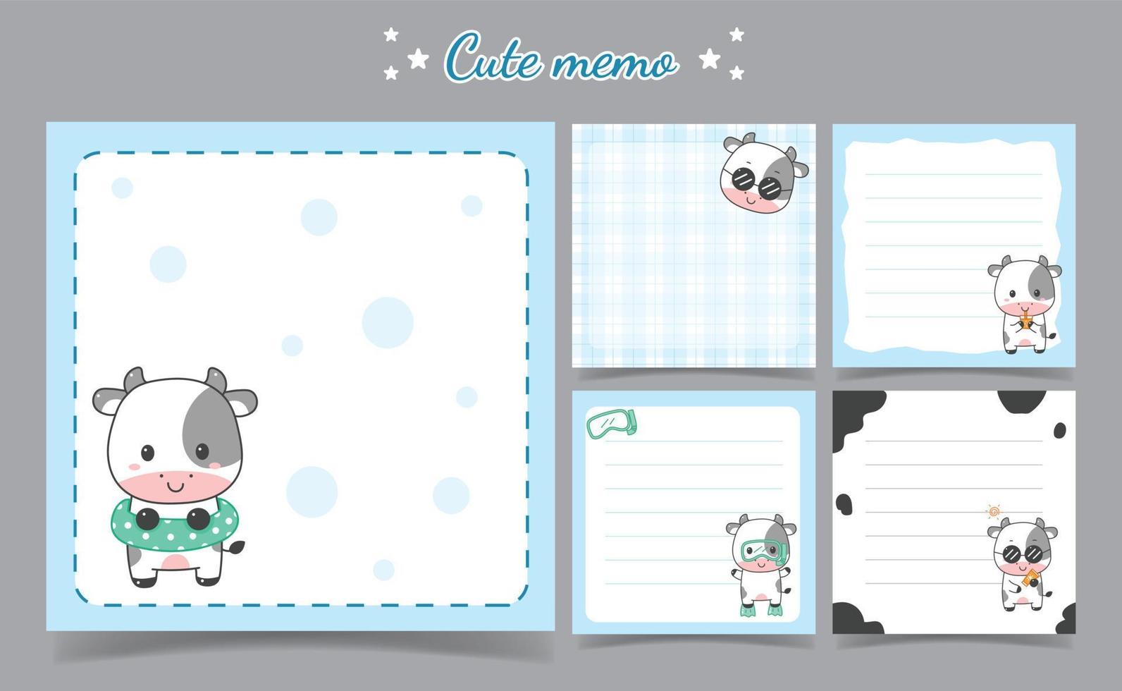 cute cow summer memo notes Template for Greeting Scrap booking Card Design. vector