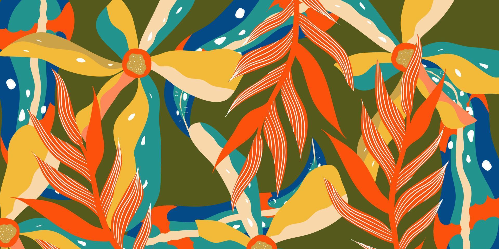 Abstract aesthetic background boho jungle with tropical leaves. Boho jungle in modern style. Ethnic leaf floral background art. Contemporary hand drawn flat design. Abstract tropical art vector