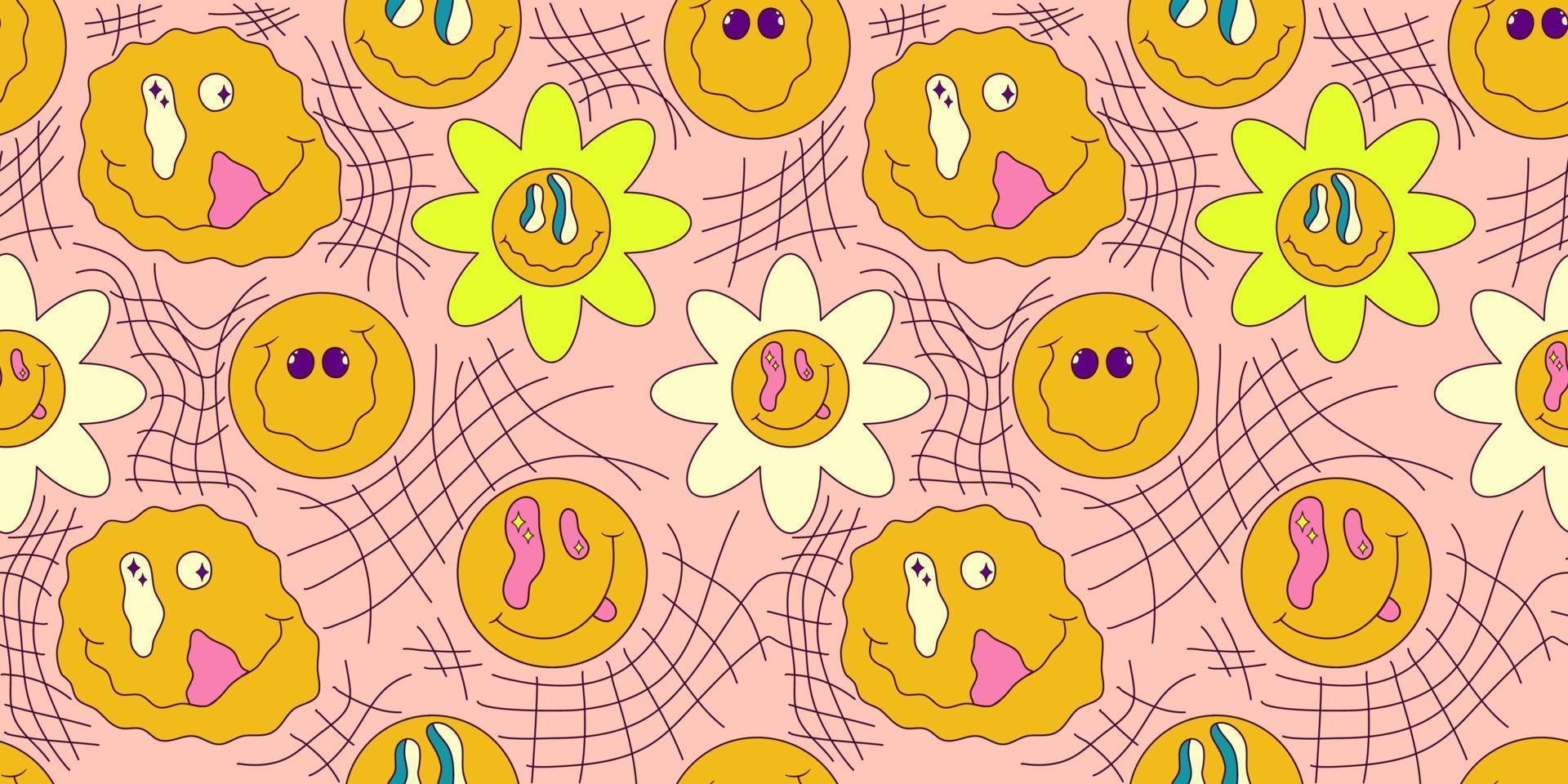 Trippy smile seamless pattern with daisy and checkerboard. Psychedelic hippy groovy print. Good 60s, 70s, mood. Vector trippy crazy illustration. Smile face seamless pattern y2k style.