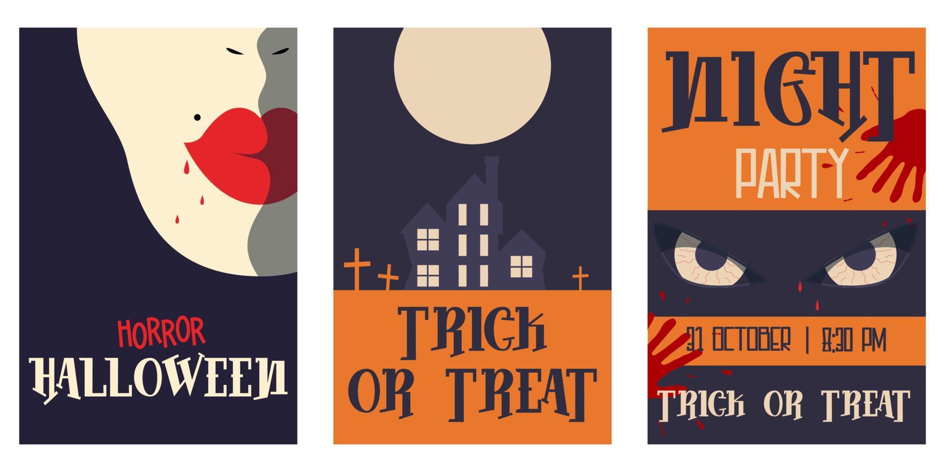 Vintage poster Halloween movie minimalism set for flyer design. Horror old cinema. Layout template. Party decoration. Creative vector illustration. Holiday poster design. Horror old cinema movie.