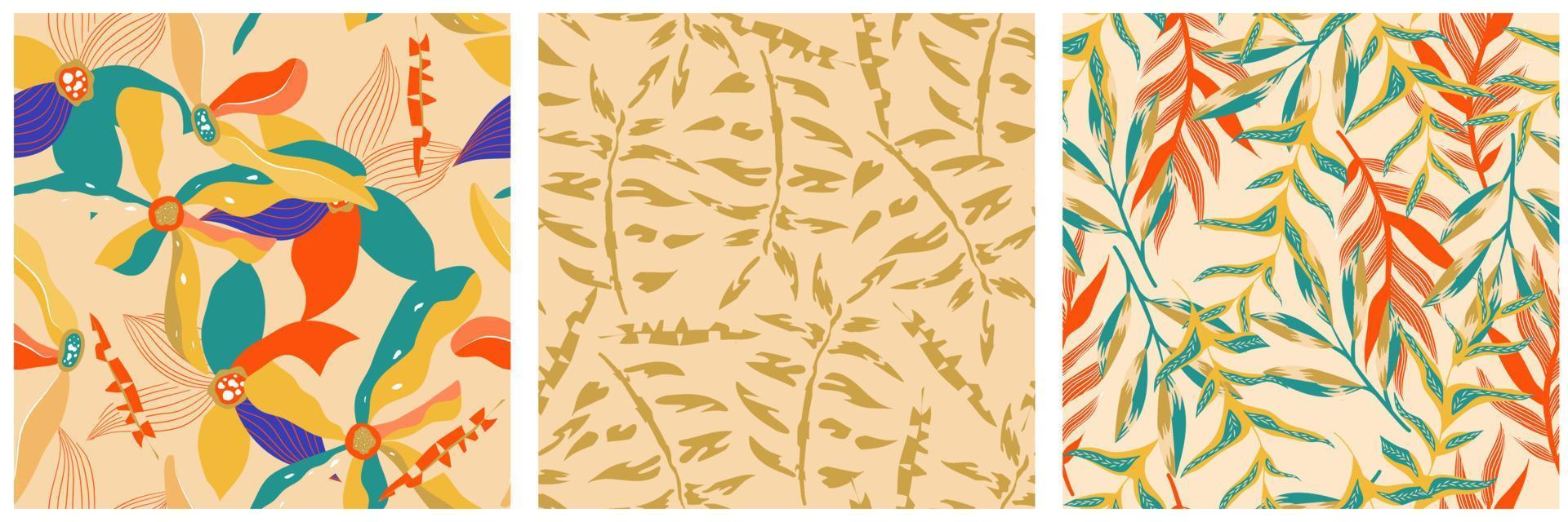 conjunto de patrones sin fisuras de la jungla boho estética para el diseño de impresión. fondo floral tropical de la colección botánica boho. patrón de selva floral exótico moderno. textura geométrica. diseño de impresión. vector