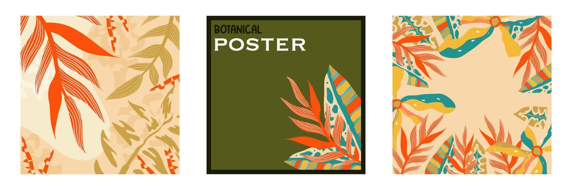 Trendy aestethic boho jungle set flyer. Abstract trendy exotic floral jungle background. Design template. Abstract nature background. Tropical foliage art cover vector