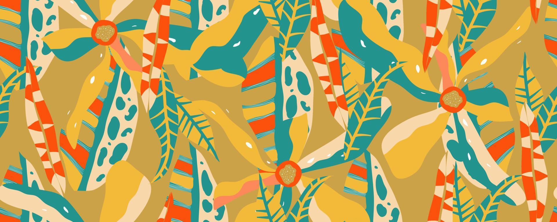 Fondo de patrón sin costuras horizontales de pared de jungla estética contemporánea. patrón de selva floral exótico moderno. vector de fondo de textura de arte de patrón. arte de fondo floral de hoja boho étnico