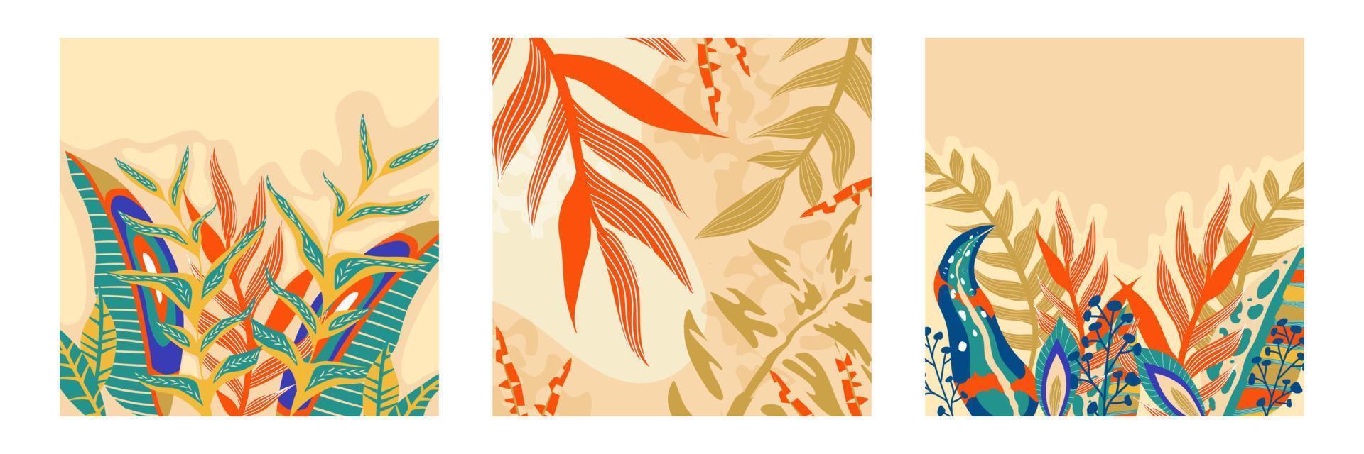 Trendy aestethic boho jungle set flyer. Abstract trendy exotic floral jungle background. Design template. Abstract nature background. Tropical foliage art cover vector