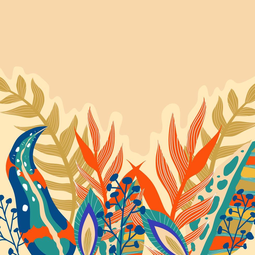 fondo estético abstracto selva boho con hojas tropicales. selva boho en estilo moderno. arte de fondo floral de hoja étnica. diseño plano dibujado a mano contemporáneo. arte tropical abstracto vector