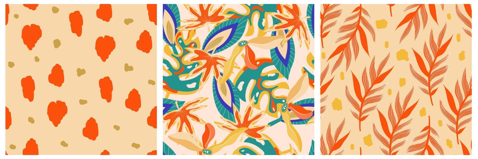 conjunto de patrones sin fisuras de la jungla boho estética para el diseño de impresión. fondo floral tropical de la colección botánica boho. patrón de selva floral exótico moderno. textura geométrica. diseño de impresión. vector