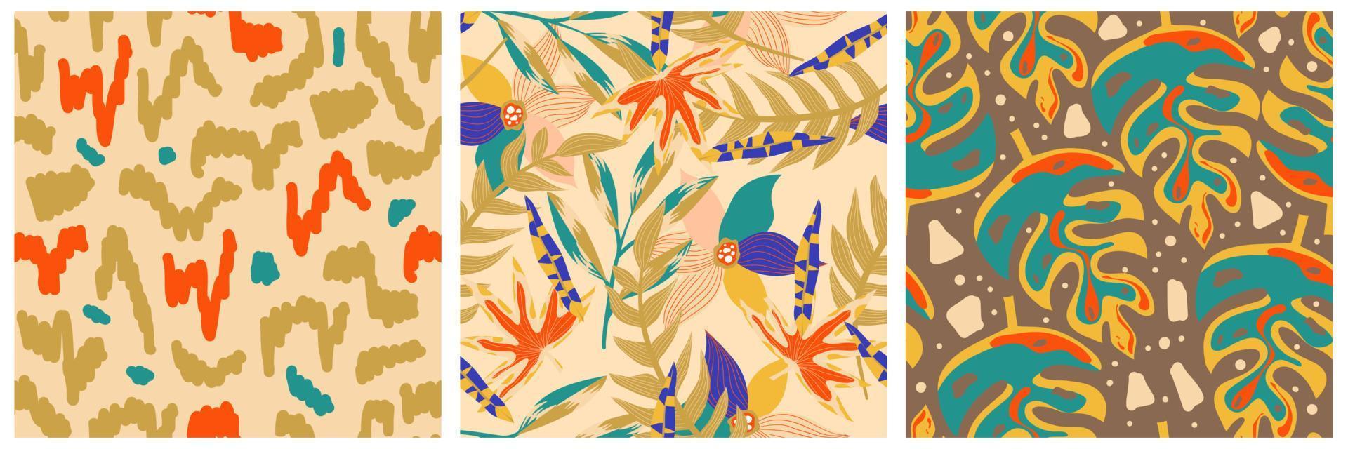 conjunto de patrones sin fisuras de la jungla boho estética para el diseño de impresión. fondo floral tropical de la colección botánica boho. patrón de selva floral exótico moderno. textura geométrica. diseño de impresión. vector