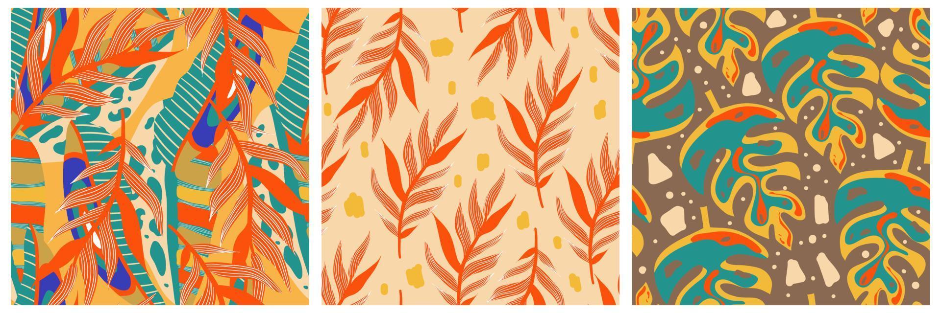 conjunto de patrones sin fisuras de la jungla boho estética para el diseño de impresión. fondo floral tropical de la colección botánica boho. patrón de selva floral exótico moderno. textura geométrica. diseño de impresión. vector