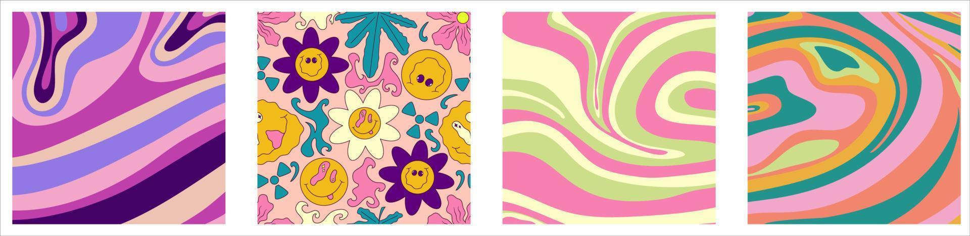 Trippy trendy background set Psychedelic design. y2k, 70s, hippie style. Abstract floral illustration. Vector illustration design. Psychedelic groovy wave.