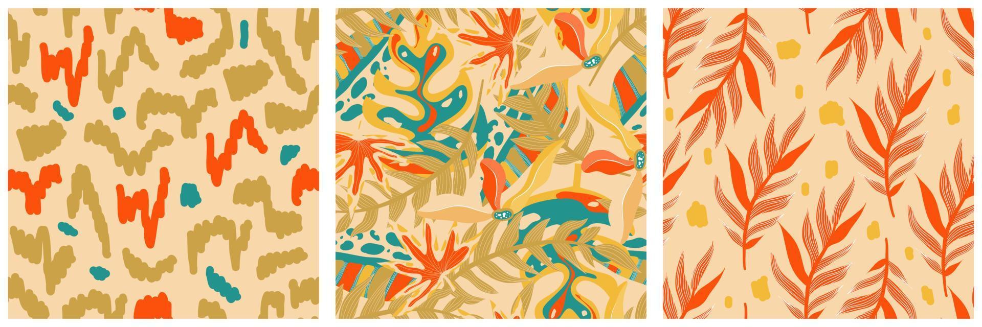 Aesthetic boho jungle seamless pattern set for print design. Boho botanical collection tropic floral background. Modern exotic floral jungle pattern. Geometric texture. Print design. vector
