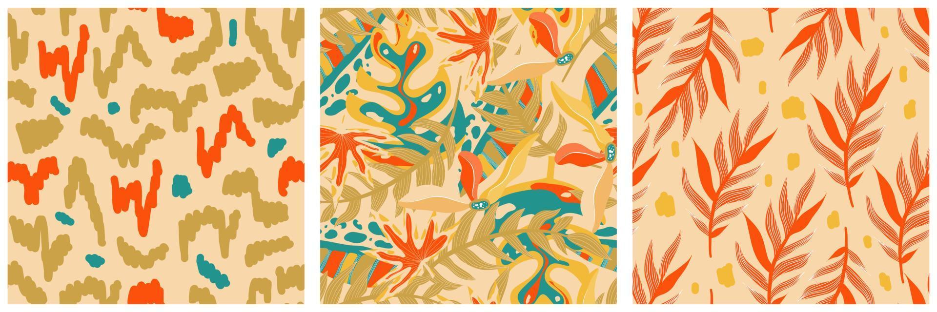 conjunto de patrones sin fisuras de la jungla boho estética para el diseño de impresión. fondo floral tropical de la colección botánica boho. patrón de selva floral exótico moderno. textura geométrica. diseño de impresión. vector