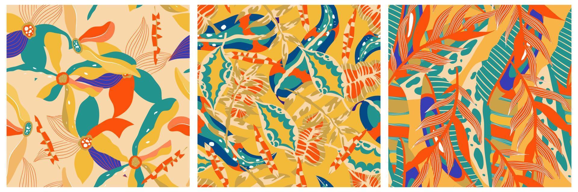 Aesthetic boho jungle seamless pattern set for print design. Boho botanical collection tropic floral background. Modern exotic floral jungle pattern. Geometric texture. Print design. vector