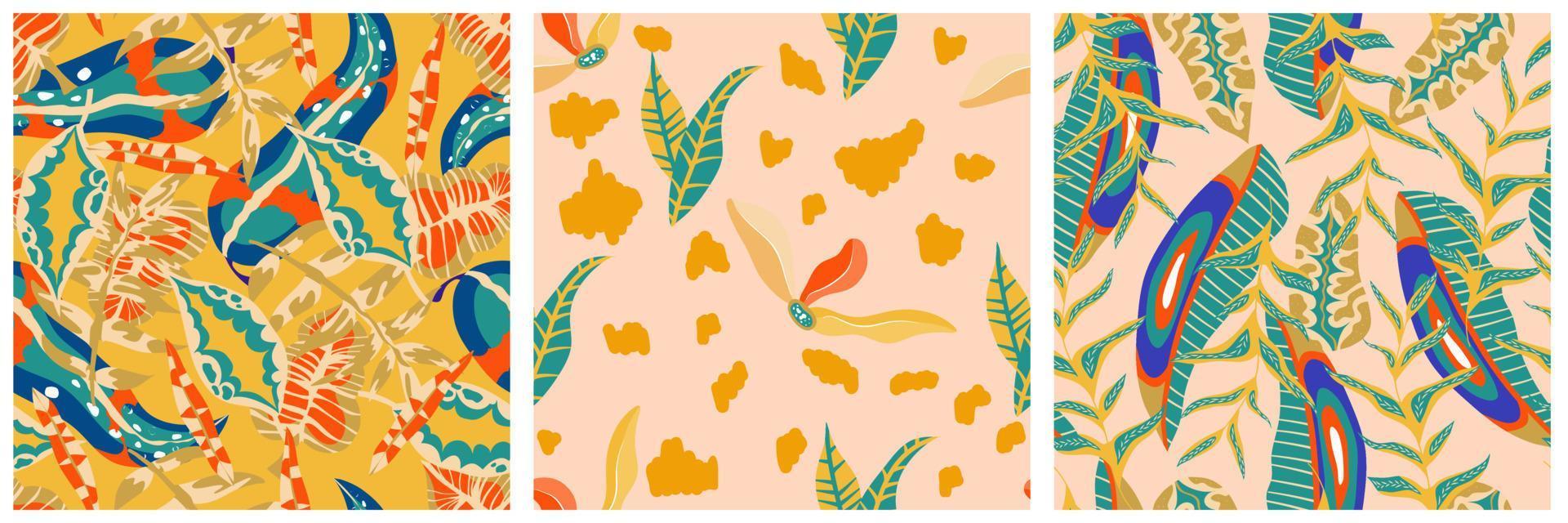 conjunto de patrones sin fisuras de la jungla boho estética para el diseño de impresión. fondo floral tropical de la colección botánica boho. patrón de selva floral exótico moderno. textura geométrica. diseño de impresión. vector
