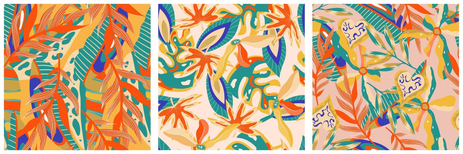 conjunto de patrones sin fisuras de la jungla boho estética para el diseño de impresión. fondo floral tropical de la colección botánica boho. patrón de selva floral exótico moderno. textura geométrica. diseño de impresión. vector