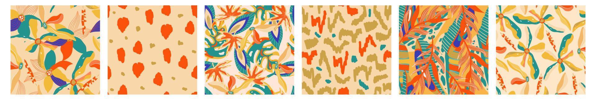 conjunto de patrones sin fisuras de la jungla boho estética para el diseño de impresión. fondo floral tropical de la colección botánica boho. patrón de selva floral exótico moderno. textura geométrica. diseño de impresión. vector