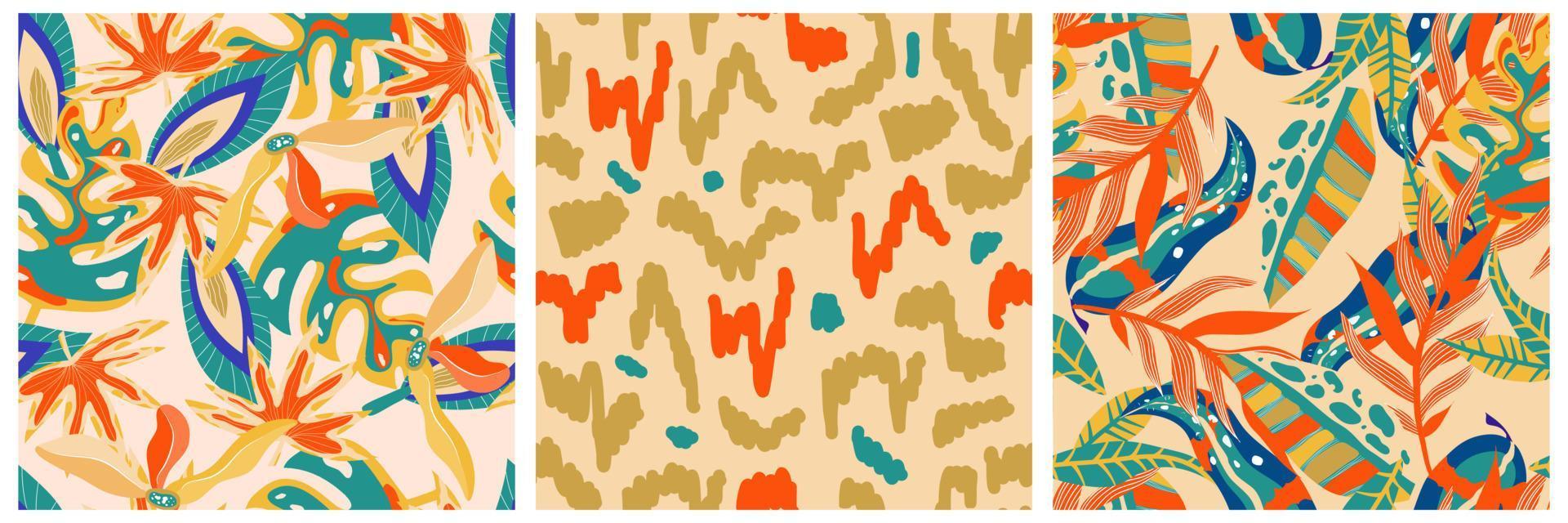 Aesthetic boho jungle seamless pattern set for print design. Boho botanical collection tropic floral background. Modern exotic floral jungle pattern. Geometric texture. Print design. vector