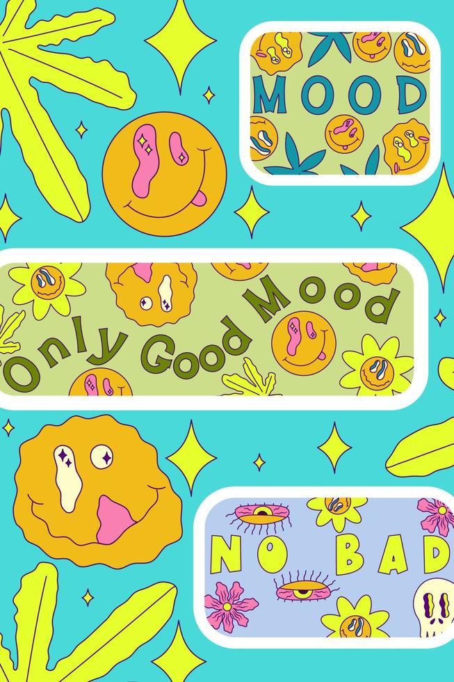 Rave trippy poster with smile, sticker. Modern retro abstract design. Abstract trippy psychedelic smile pattern. 60s, 70s, hippie. Rave psychedelic acid sticker poster. Vector illustration