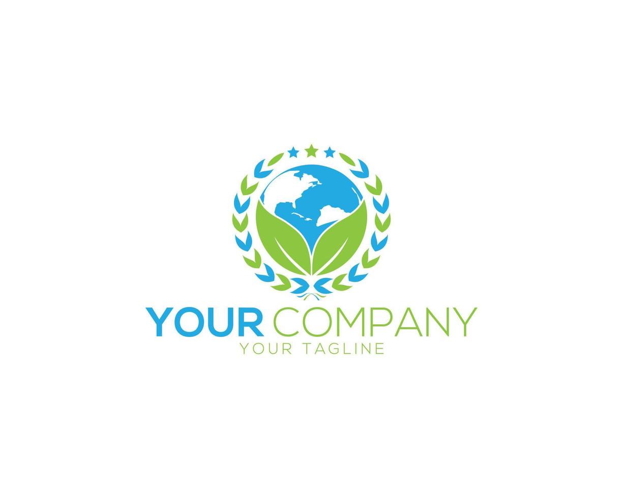 Green Leaf World Globe Laurel Wreath Silhouette Symbol Vector Template.