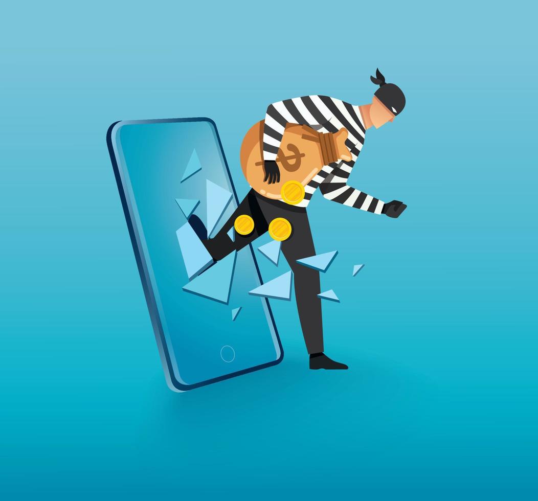 Hacker, thief hacking into smartphone. vector illustration
