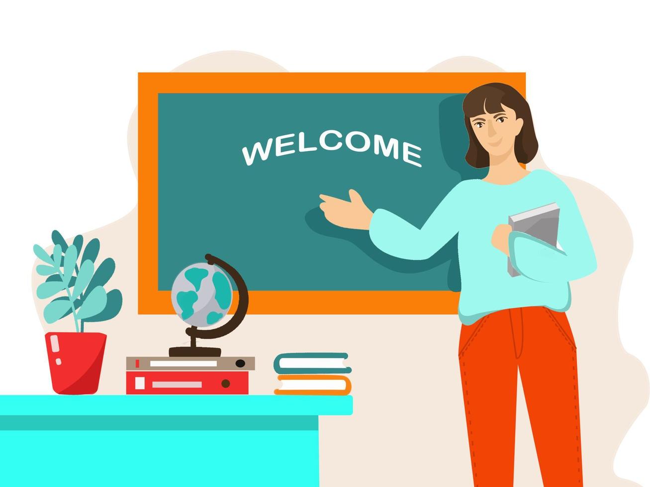Female teacher stands at the blackboard. Learning and back to school concept. vector