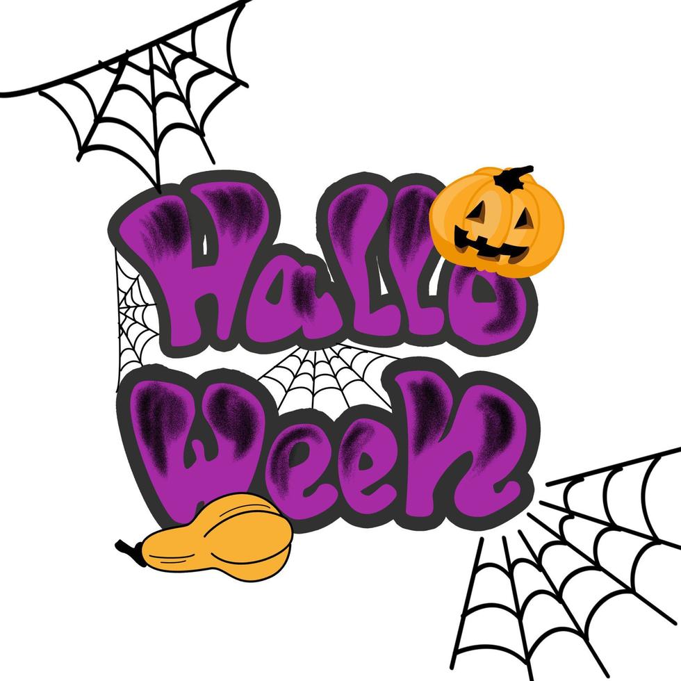 Halloween greeting card with purple lettering in cartoon style,  pumpkins and cobweb on white background vector