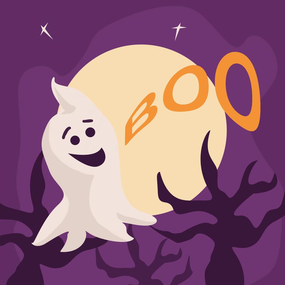 fantasma en la noche sobre un fondo de luna llena. abucheo para tarjeta de felicitación de halloween vector