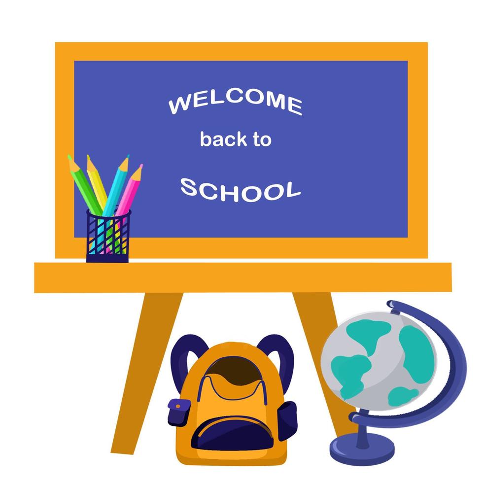 Welcome back to school concept. School chalkboard, pencils, globe, backpack vector