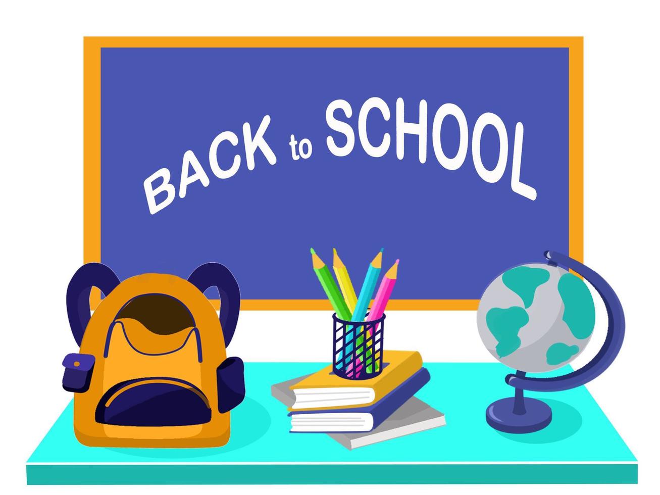 Back to school concept. Teacher's table with school backpack, books, pencils, globe on the chalkboard background vector