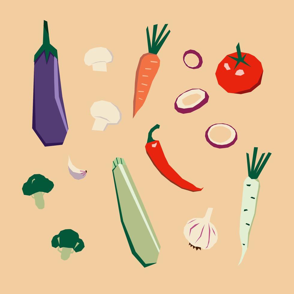 Set of fresh stylized vegetables eggplant, zucchini, mushrooms, tomato, garlic, hot pepper, broccoli, carrot, onion, daikon radish. Organic farm food. Sticker set. vector