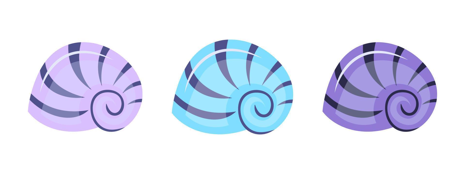 colorido símbolo de mariscos aislado sobre fondo blanco. ilustración vectorial conjunto de iconos submarinos de conchas marco de conchas marinas. concepto de verano con conchas. icono de concha de dibujos animados brillante, naturaleza acuática. vector